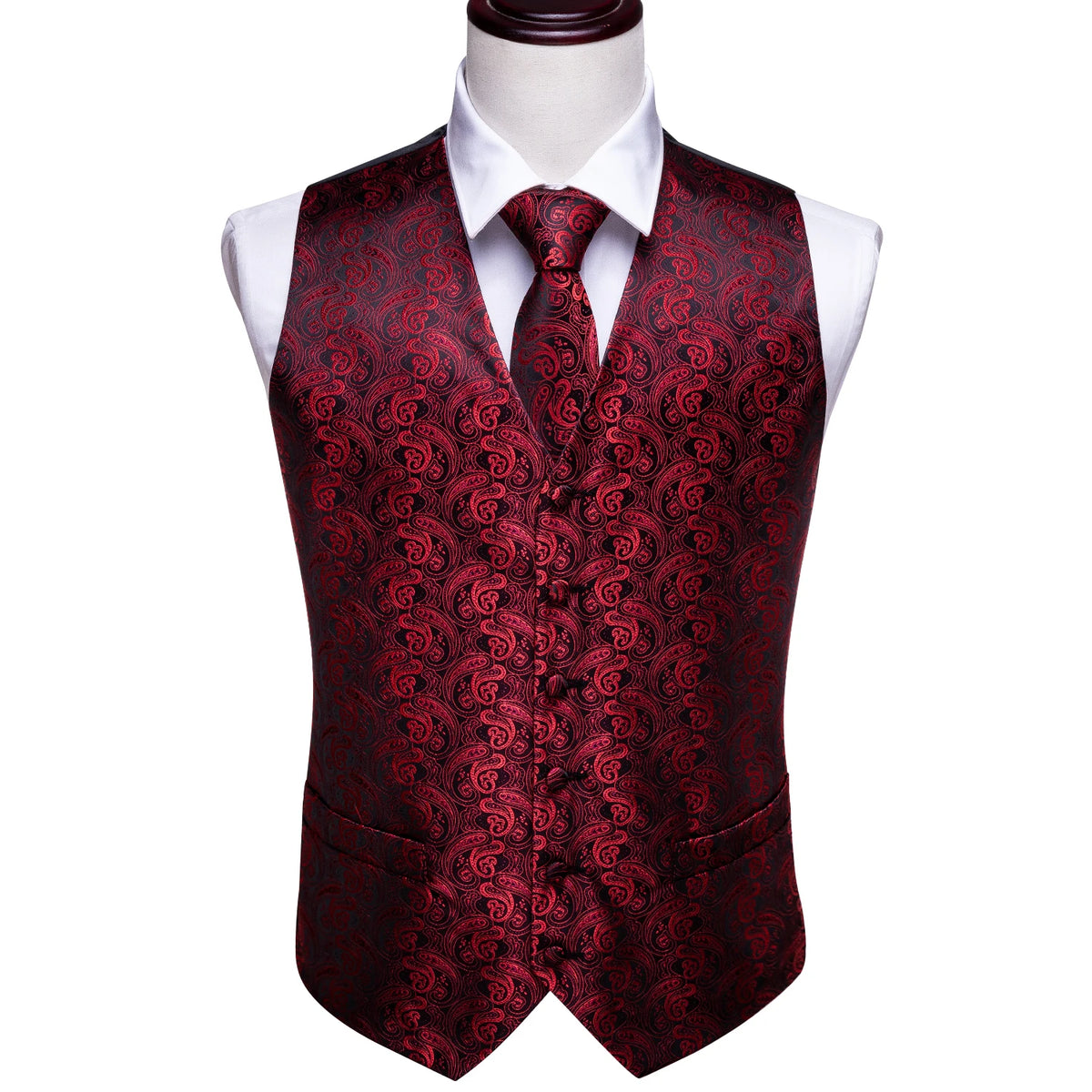 Herren-Weste in Dunkelrot mit Paisley-Muster, V-Ausschnitt und Knopfleiste, Seidenoptik