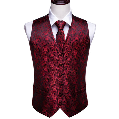 Herren-Weste in Dunkelrot mit Paisley-Muster, V-Ausschnitt und Knopfleiste, Seidenoptik