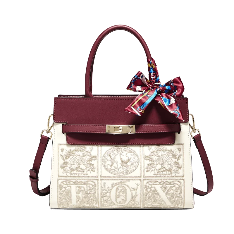 Damen Schultertasche aus Splitleder mit Stickerei im chinesischen Stil