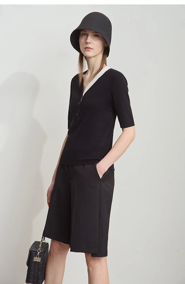 Damen-Strickpullover mit V-Ausschnitt, halbem Ärmel und Knopfleiste, schwarz