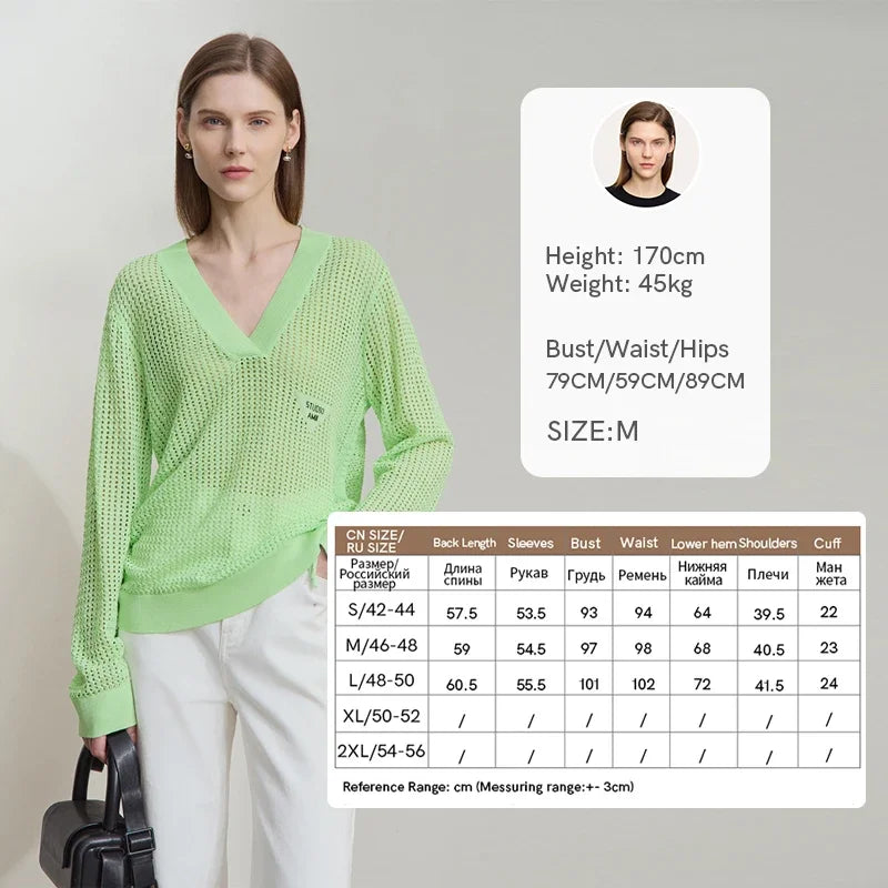Damen-Strickpullover mit V-Ausschnitt, offene Maschen, lange Ärmel, grün