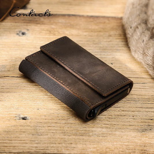 RFID-Kartenetui aus Leder, schmal, dunkelbraun mit Gummiband am Rand