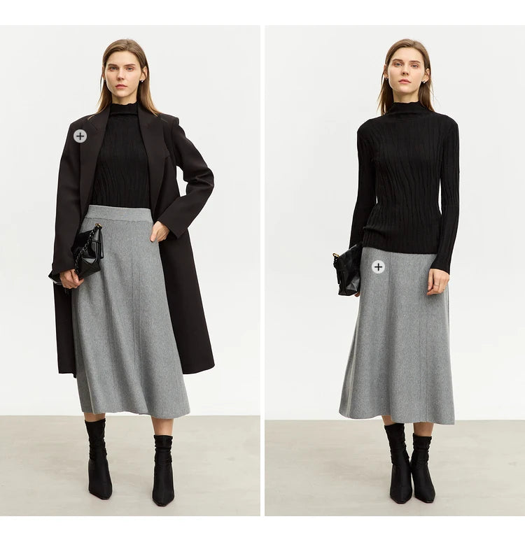 Damen-Wollpullover mit Stehkragen, schwarzer Zopfstrick, langärmlig