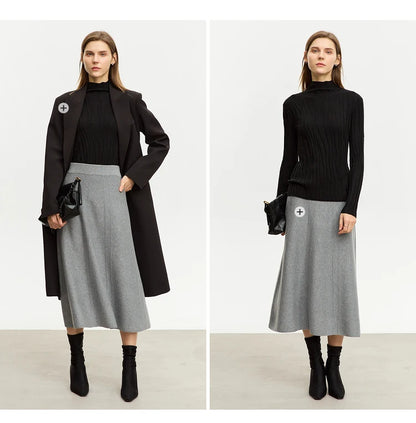 Damen-Wollpullover mit Stehkragen, schwarzer Zopfstrick, langärmlig