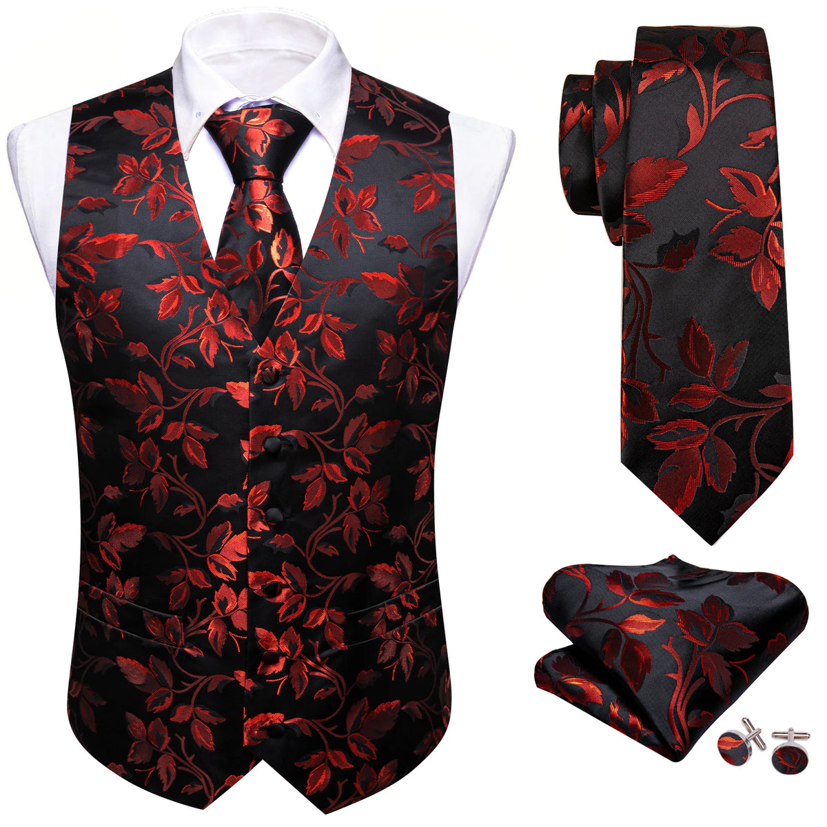Herrenweste Vierer-Set: schwarze Weste mit rotem Blumenmuster, Krawatte & Einstecktuch