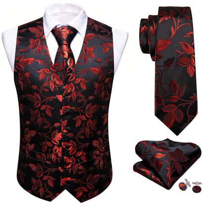 Herrenweste Vierer-Set: schwarze Weste mit rotem Blumenmuster, Krawatte & Einstecktuch