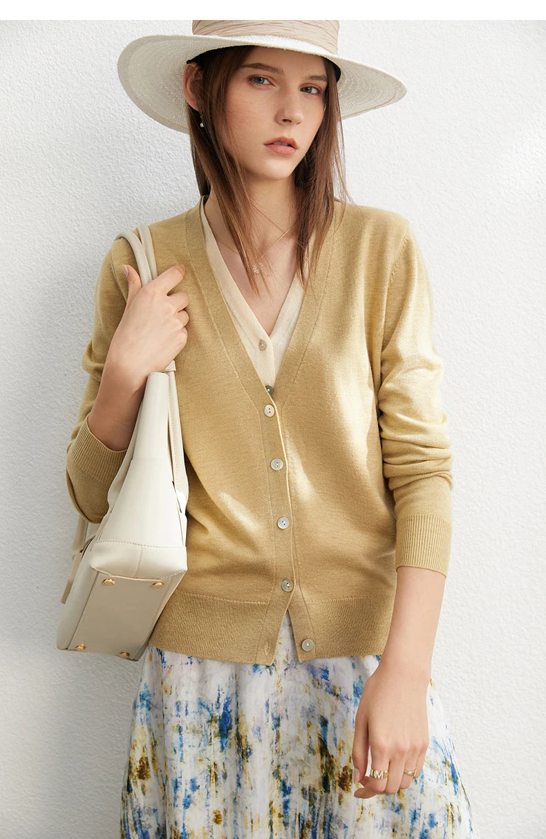 Damen-Strickjacke V-Ausschnitt dünn locker Patchwork Sommer