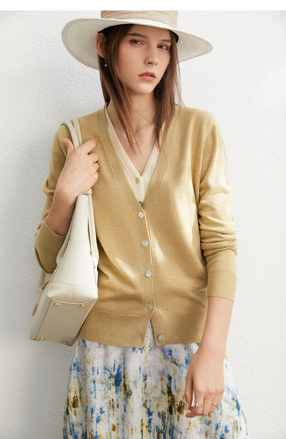 Damen-Strickjacke V-Ausschnitt dünn locker Patchwork Sommer