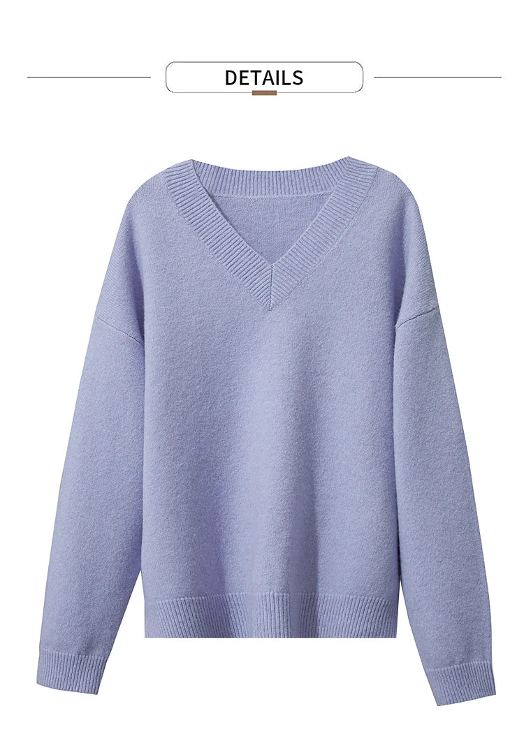 Damen V-Ausschnitt Pullover locker Raglan Wolle-Mix Herbst-Winter