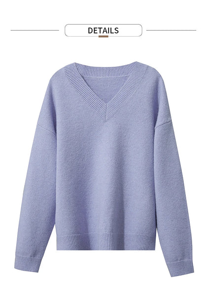 Damen V-Ausschnitt Pullover locker Raglan Wolle-Mix Herbst-Winter