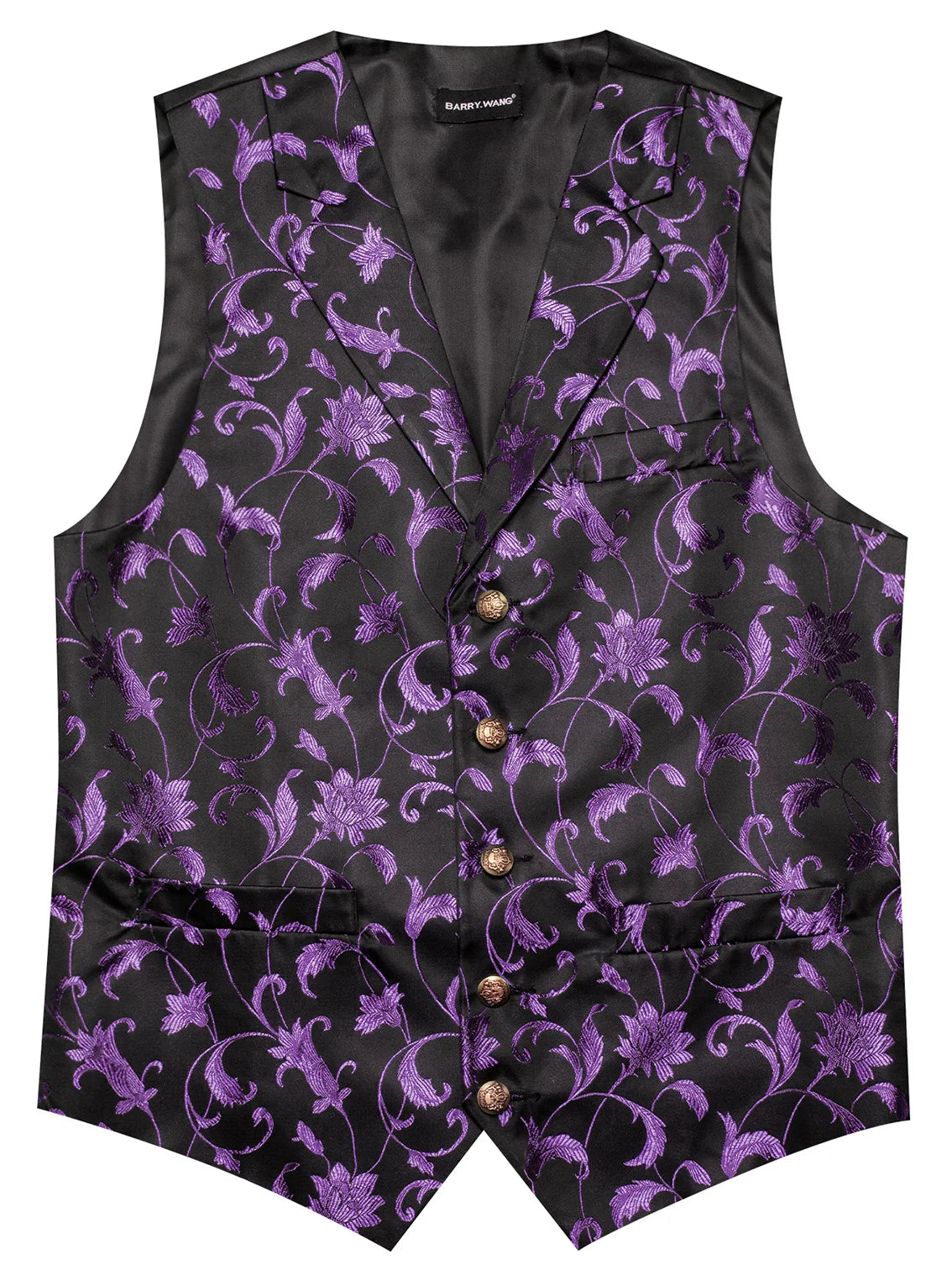 Schwarze Herrenweste mit violettem Ornamentmuster und Knopfleiste