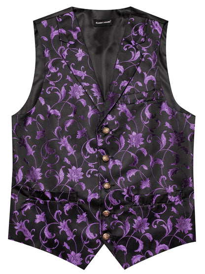 Schwarze Herrenweste mit violettem Ornamentmuster und Knopfleiste