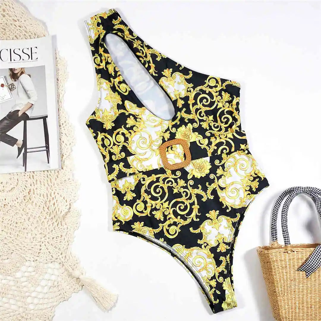Damen Badeanzug One-Shoulder bedruckt Monokini gepolstert Einteiler