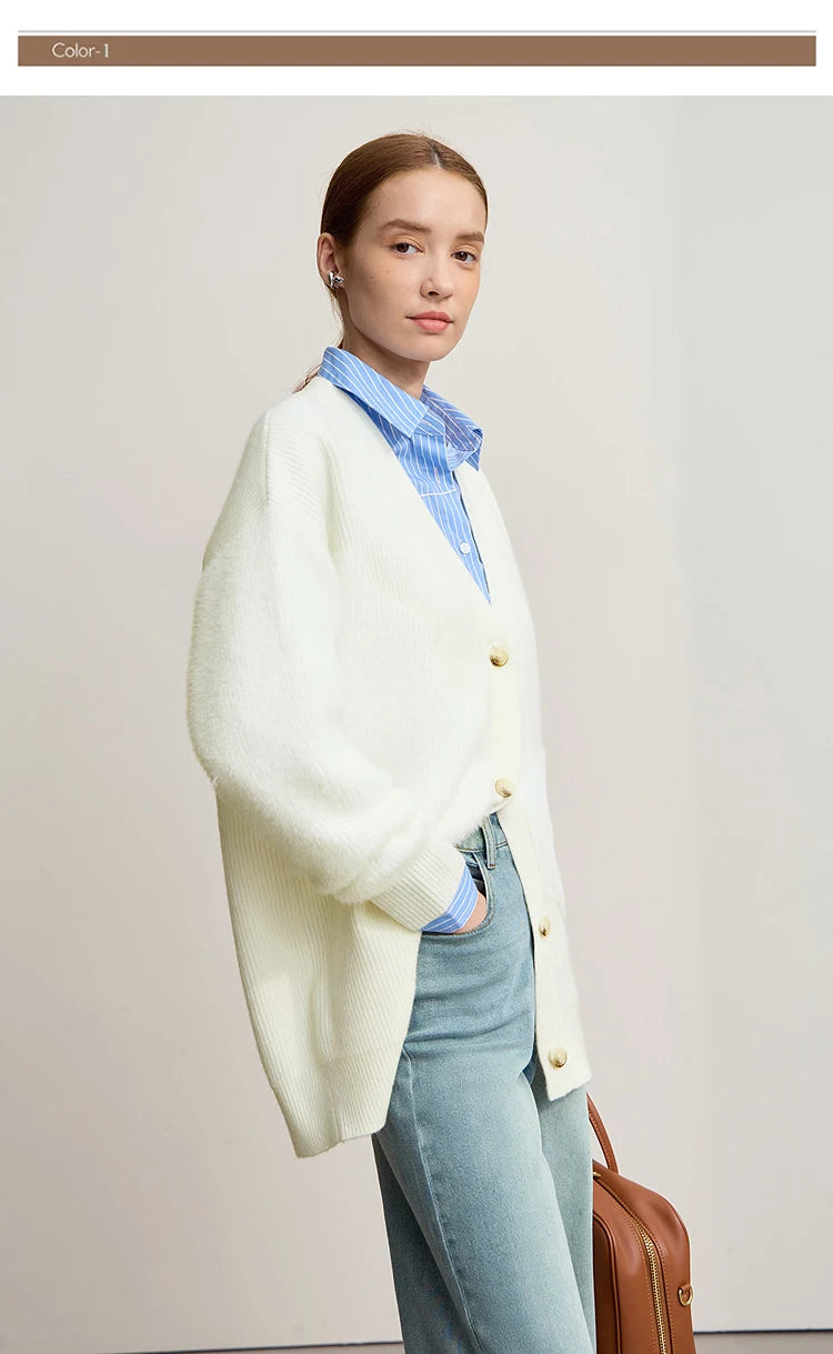 Damen-Strickjacke V-Ausschnitt dick warm locker elastisch Winter