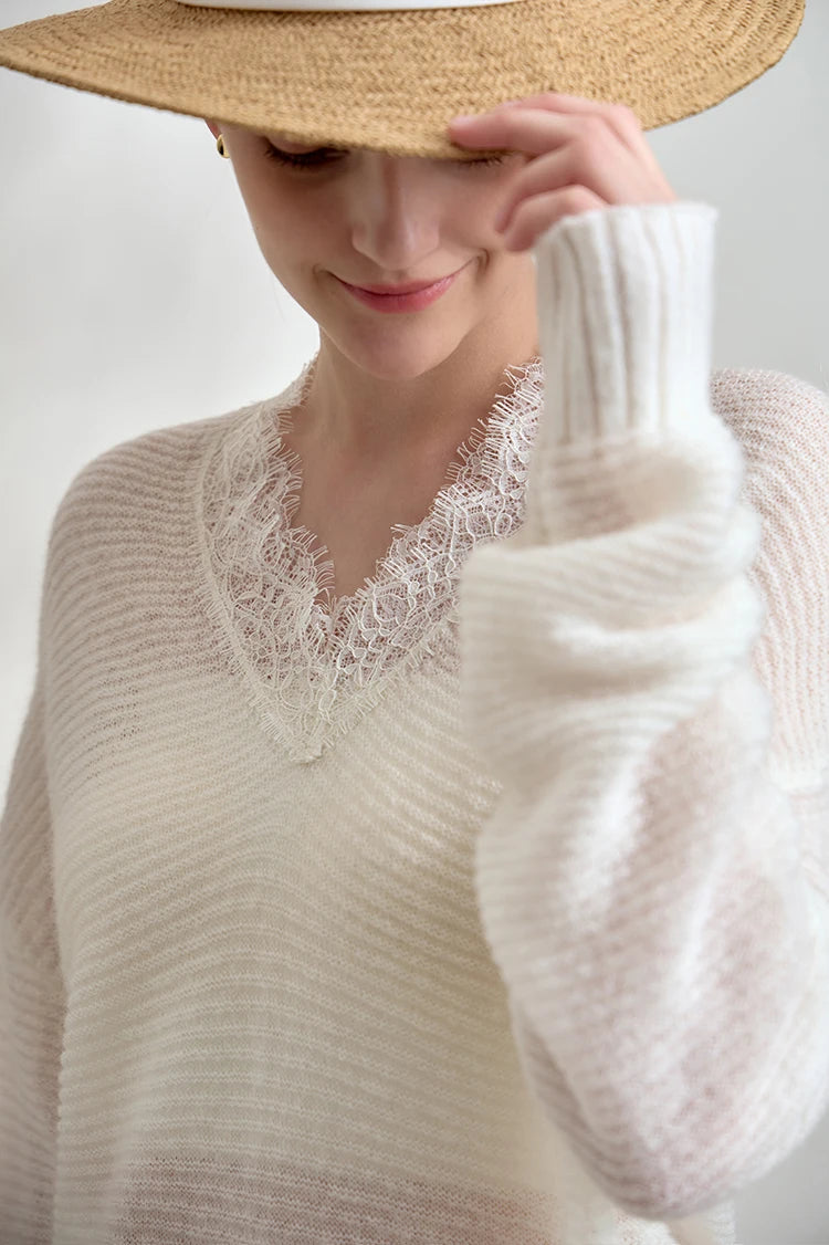 Damen V-Ausschnitt Pullover Mohair Spitze locker mittellang Frühling