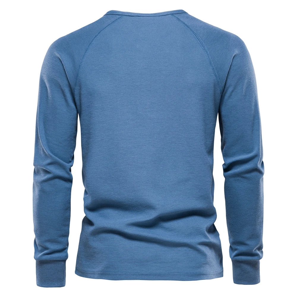 Herren Langarm Waffel Henley T-Shirt in fester Farbe für den Herbst