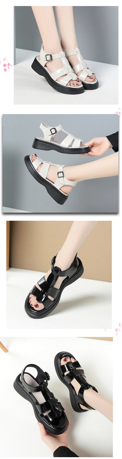 AIYUQI Frauen Sandalen Sommer 2025, Neue Echtes Leder Keil Frauen Sandalen Offene spitze Römischen Sandalen Frauen