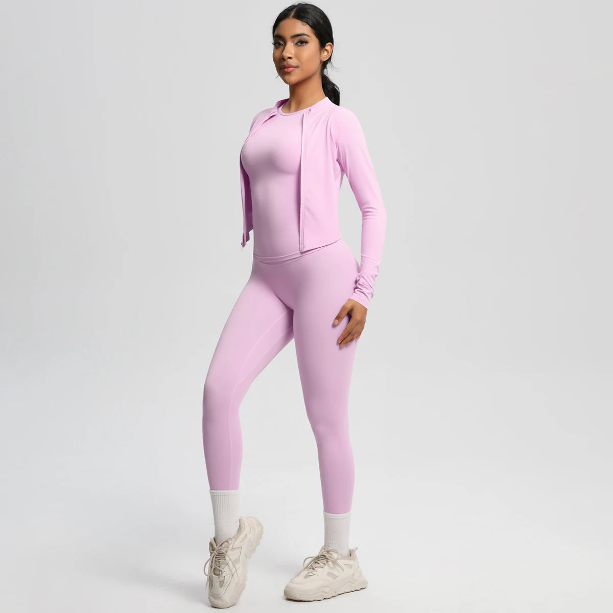 Damen Yoga-Set aus langarmem Top mit Reißverschluss und High-Waist Leggings, rosafarben