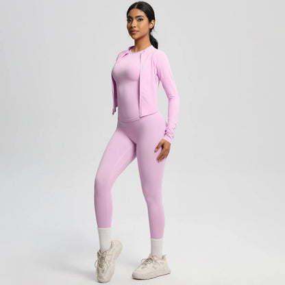 Damen Yoga-Set aus langarmem Top mit Reißverschluss und High-Waist Leggings, rosafarben