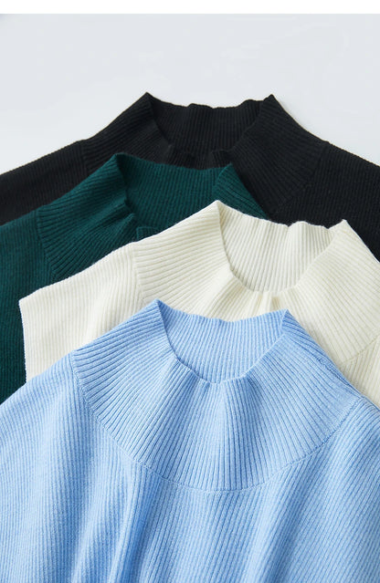 Ärmelloser Rollkragenpullover, Rippenstrick in Schwarz, Dunkelgrün, Creme und Hellblau