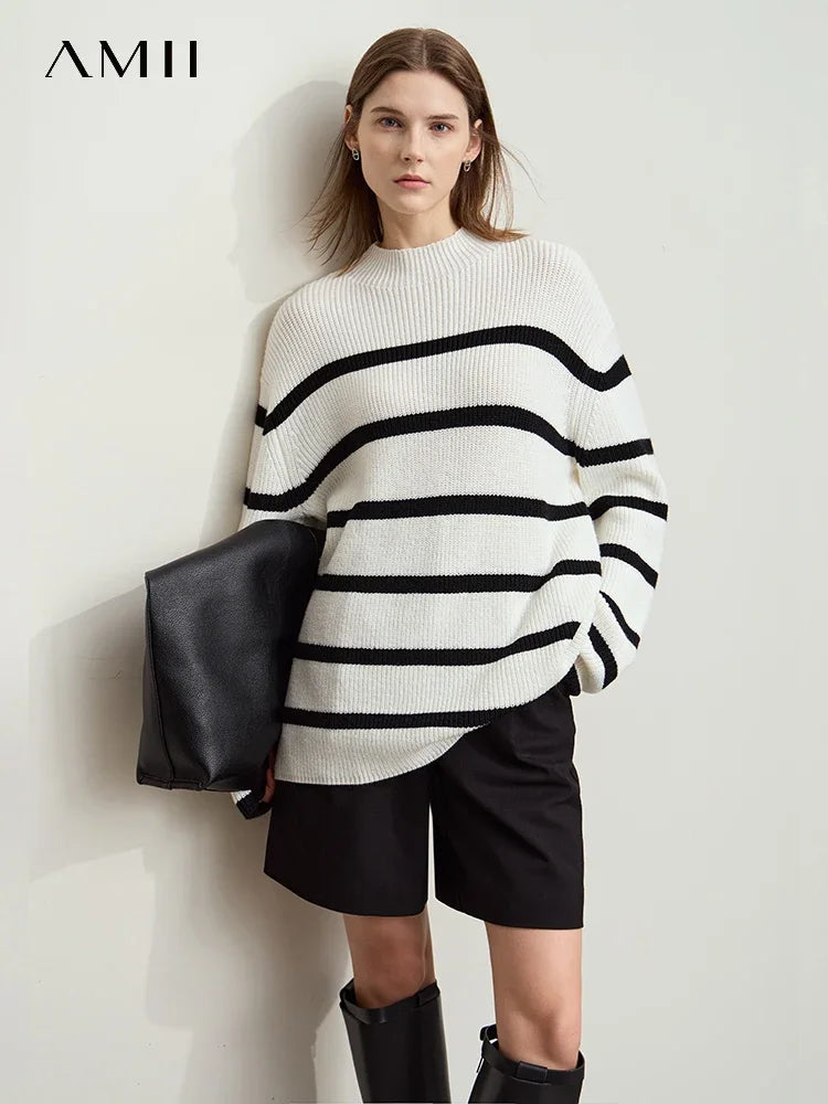 Damen-Strickjacke Streifen Stehkragen Kontrastfarben locker Weihnachten Winter