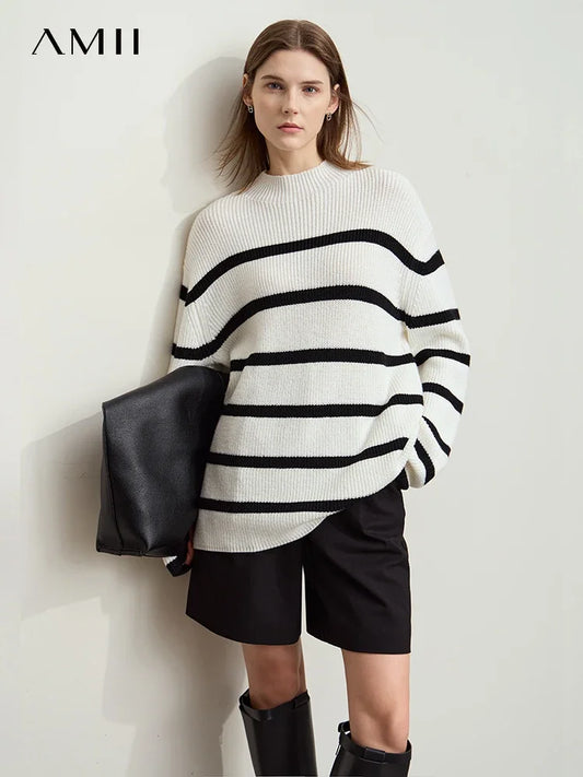 Damen-Strickjacke Streifen Stehkragen Kontrastfarben locker Weihnachten Winter