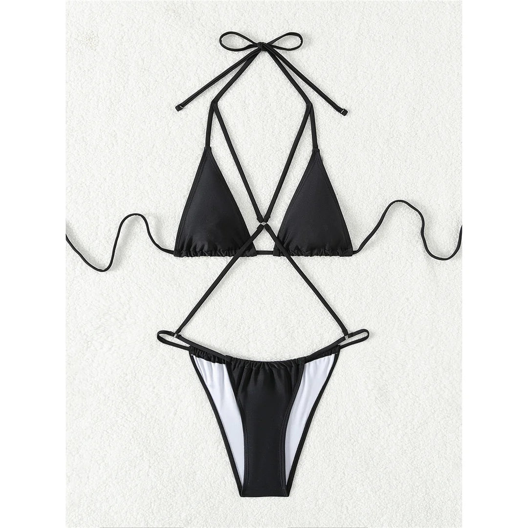Damen Badeanzug Bauch-Cut-Out Neckholder Monokini hoher Beinausschnitt einfarbig
