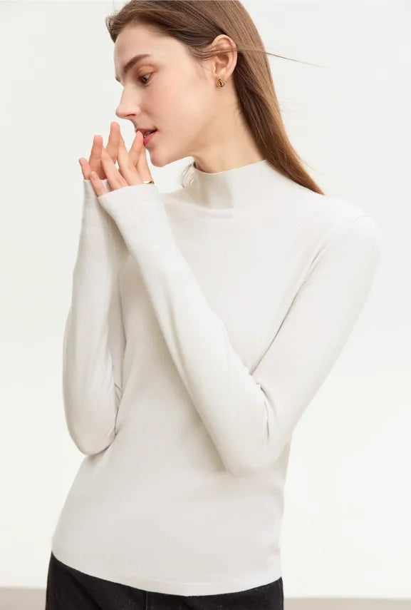 Damenpullover mit Stehkragen, langarm, cremeweiß, schmaler Basic-Stricklook