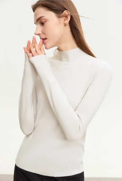 Damenpullover mit Stehkragen, langarm, cremeweiß, schmaler Basic-Stricklook
