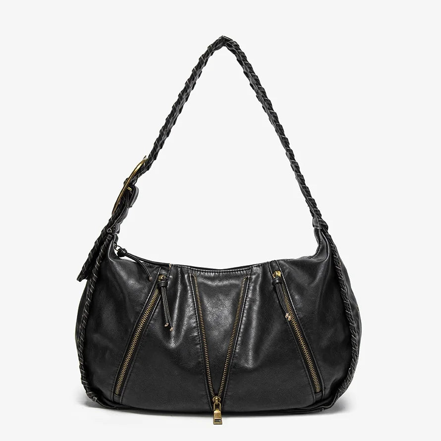 Damen-Hobo-Handtasche Vintage-Stil aus weichem Kunstleder mit geflochtenem Tragegurt und Mehrfach-Reißverschlussfächern