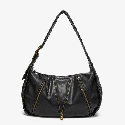 Damen-Hobo-Handtasche Vintage-Stil aus weichem Kunstleder mit geflochtenem Tragegurt und Mehrfach-Reißverschlussfächern