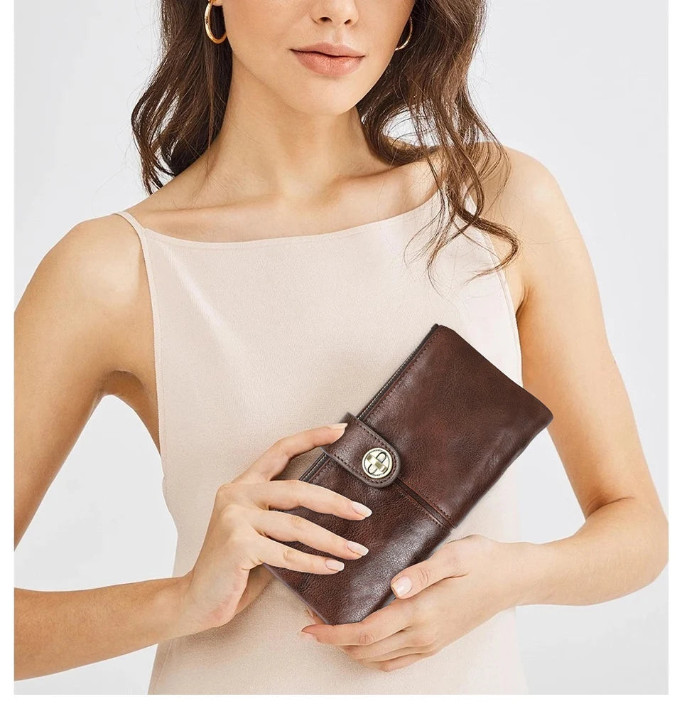 Damen Echtleder Lange Geldbörse Vintage RFID Clutch Portemonnaie Kartenhalter Reise