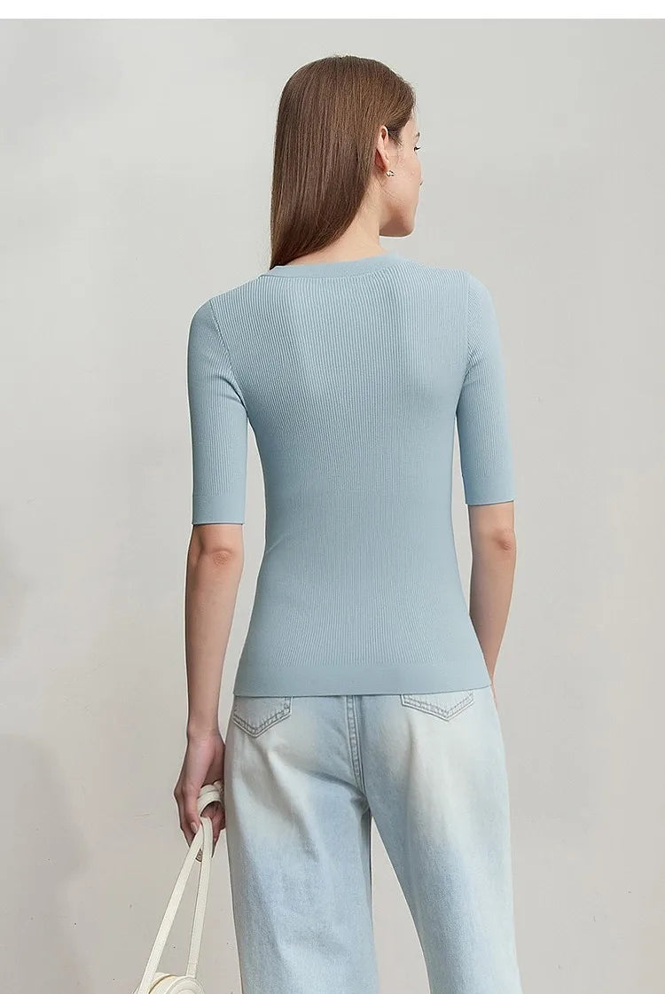 Damen V-Ausschnitt Pullover Viskose Halbarm Slim Büro Sommer