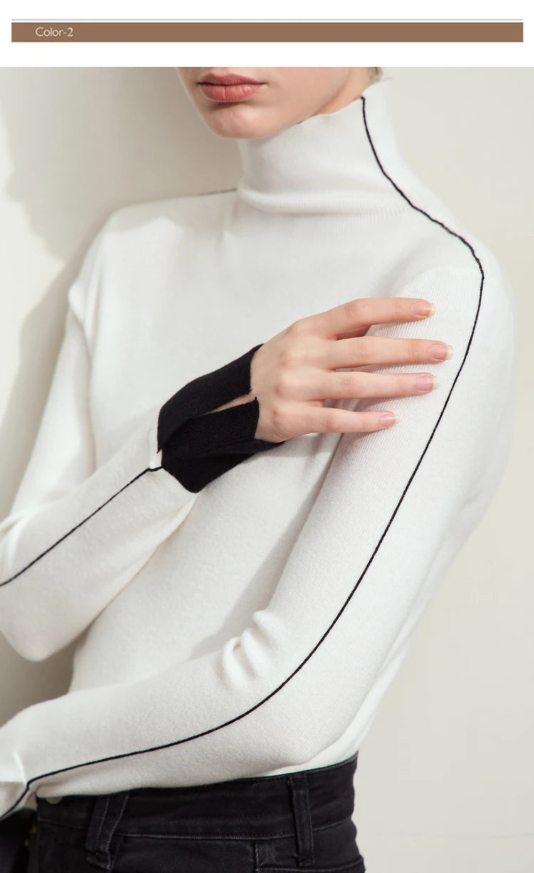 Damen-Rollkragenpullover Farbkontrast Slim Fit Langarm Frühling