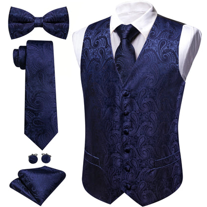 Anzugweste-Set mit Paisley-Muster in Dunkelblau, mit Krawatte, Fliege und Einstecktuch