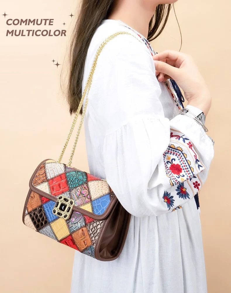 Damen-Schultertasche Aus Echtem Leder Kleine Handtasche Mit Gestepptem Kettenriemen Für Alltag Und Freizeit