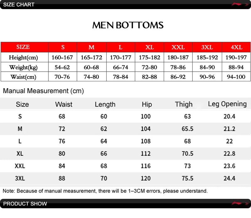 Trainingshorts Größentabelle für Herren (S bis 4XL)