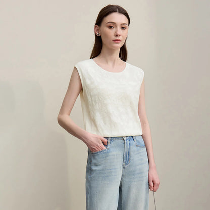 Damen-Rundhalspullover ärmellos Jacquard locker kurz Viskose Sommer