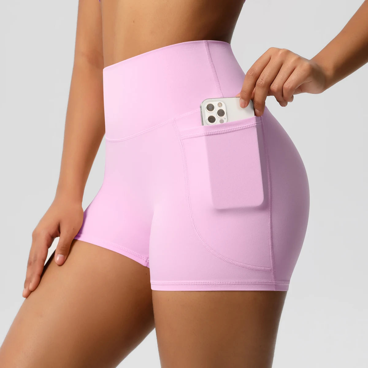 Yoga-Shorts für Damen, hoher Bund, mit Handy-Tasche, helles Rosa
