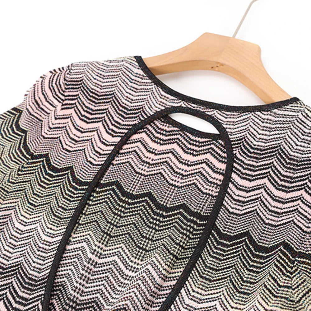 Elegantes Damen-Midikleid mit Rundhalsausschnitt und langen Ärmeln im Patchwork-Design mit Diamantenmuster