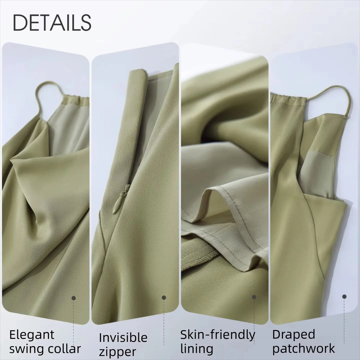 Olives Kleid-Detailansichten: drapiertes Material und Trägerausschnitt nah gezeigt