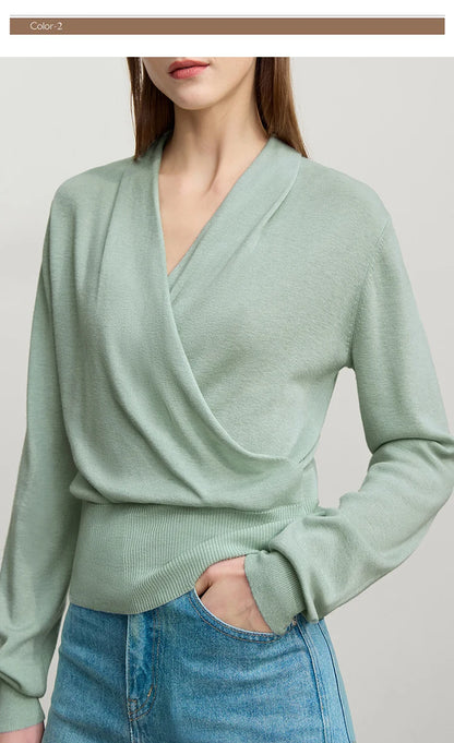 Damen-Strickpullover mit V-Ausschnitt, langarm, hellgrün, feine Strickstruktur