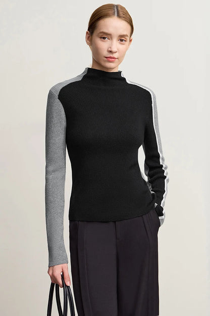 Damen-Halbrollkragen-Pullover Slim asymmetrisch Kontrast Winter