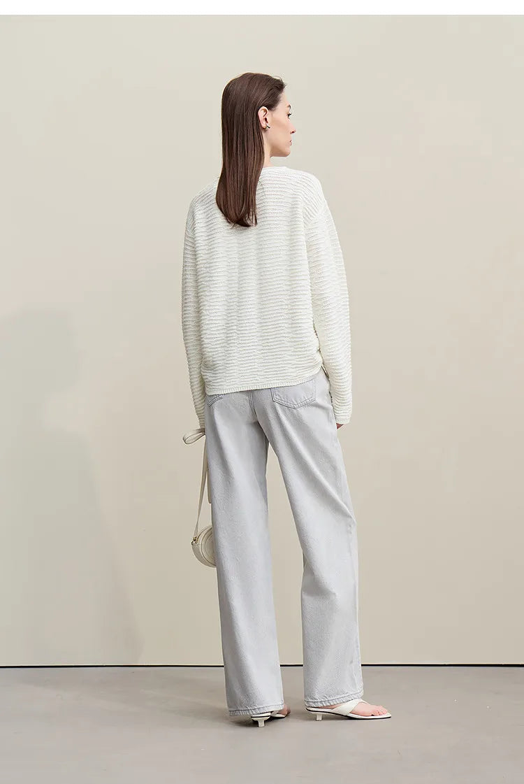 Damen-Strickpullover, Off-White, hinten mit Rundhalsausschnitt und überschnittenen Schultern