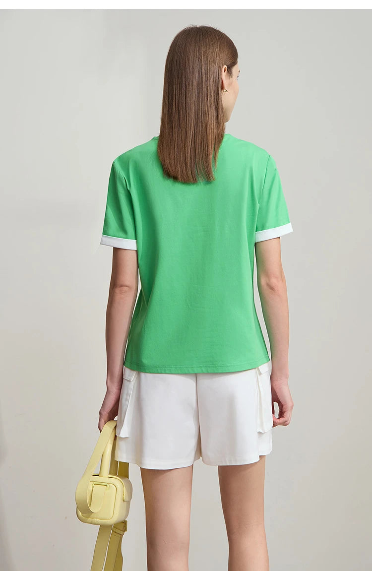 Damen Freizeit-T-Shirt mit Rundhalsausschnitt und Farbblockierung für den Sommer