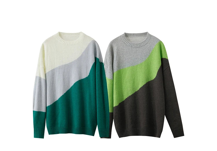 Pullover im Set, Vorderansicht mit Blockstreifen in Creme/Grau und Grün/Dunkelgrün