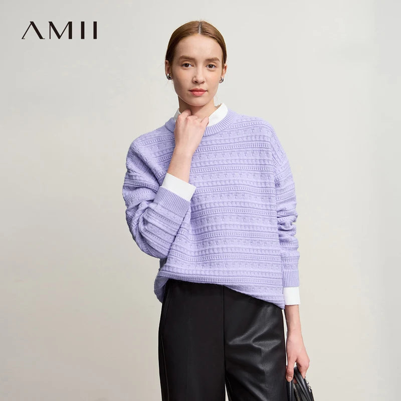 Damen-Pullover aus Strick, helllila, mit Rundhalsausschnitt und langen Ärmeln