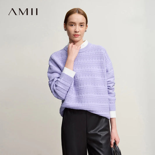 Damen-Pullover aus Strick, helllila, mit Rundhalsausschnitt und langen Ärmeln