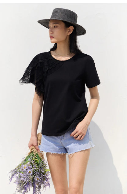 Damen T-Shirt aus mercerisierter Baumwolle im minimalistischen Patchwork-Stil mit Spitze