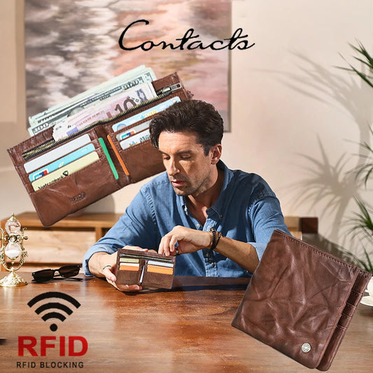 Herren-Geldbörse aus Echtleder, Vintage, braun, mit RFID-Schutz, Klapp-Design